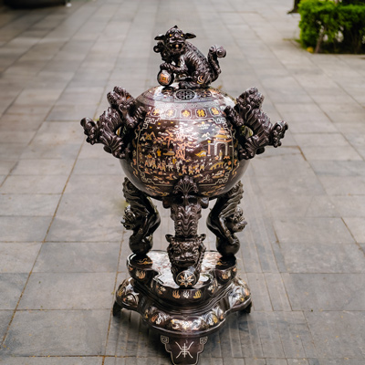 Đỉnh Đồng Thất Lân Vờn Cầu Cao 1m2 Khảm Tam Khí 11 Chữ Vàng 9999