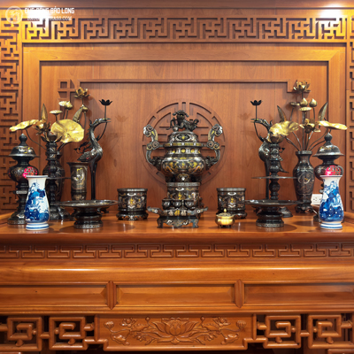 Bộ Đồ Thờ Bằng Đồng Khảm Ngũ Sắc 60cm Cao Cấp