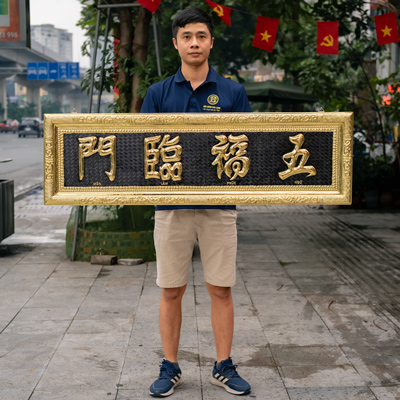 Đại Tự Ngũ Phúc Lâm Môn Chữ Nho Bằng Đồng Vàng 1m33
