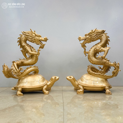 Tượng Long Quy (Rồng Đứng Trên Lưng Rùa) Bằng Đồng Đỏ Cao 61Cm