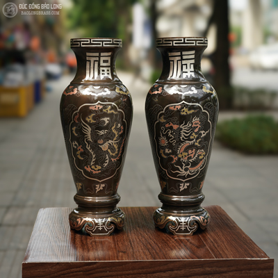 Lọ Hoa Bằng Đồng Khảm Tam Khí Cao 38cm Hoa Văn Long Phụng