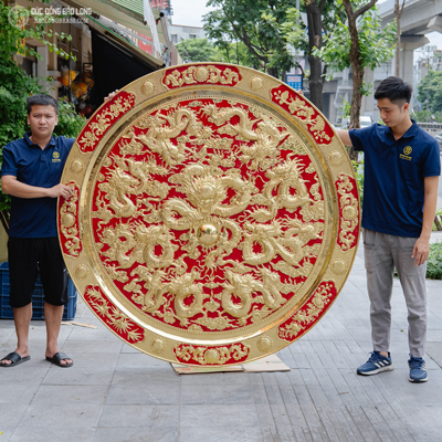 Tranh Mâm Đồng Cửu Long Quần Tranh Châu Bằng Đồng Vàng ĐK 1m88