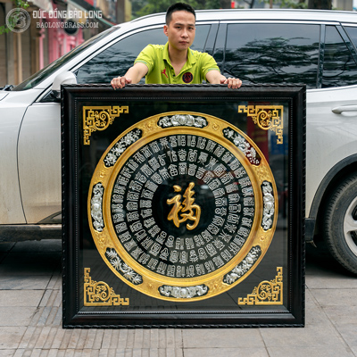 Tranh Mâm Đồng Bách Phúc Dát Vàng Bạc 9999 Khung Gỗ Gụ Khổ 1m27