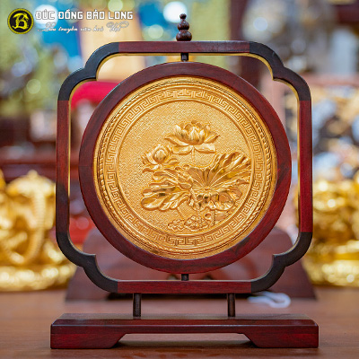 Tranh Hoa Sen Hai Mặt Bằng Đồng Mạ Vàng Cao 35cm